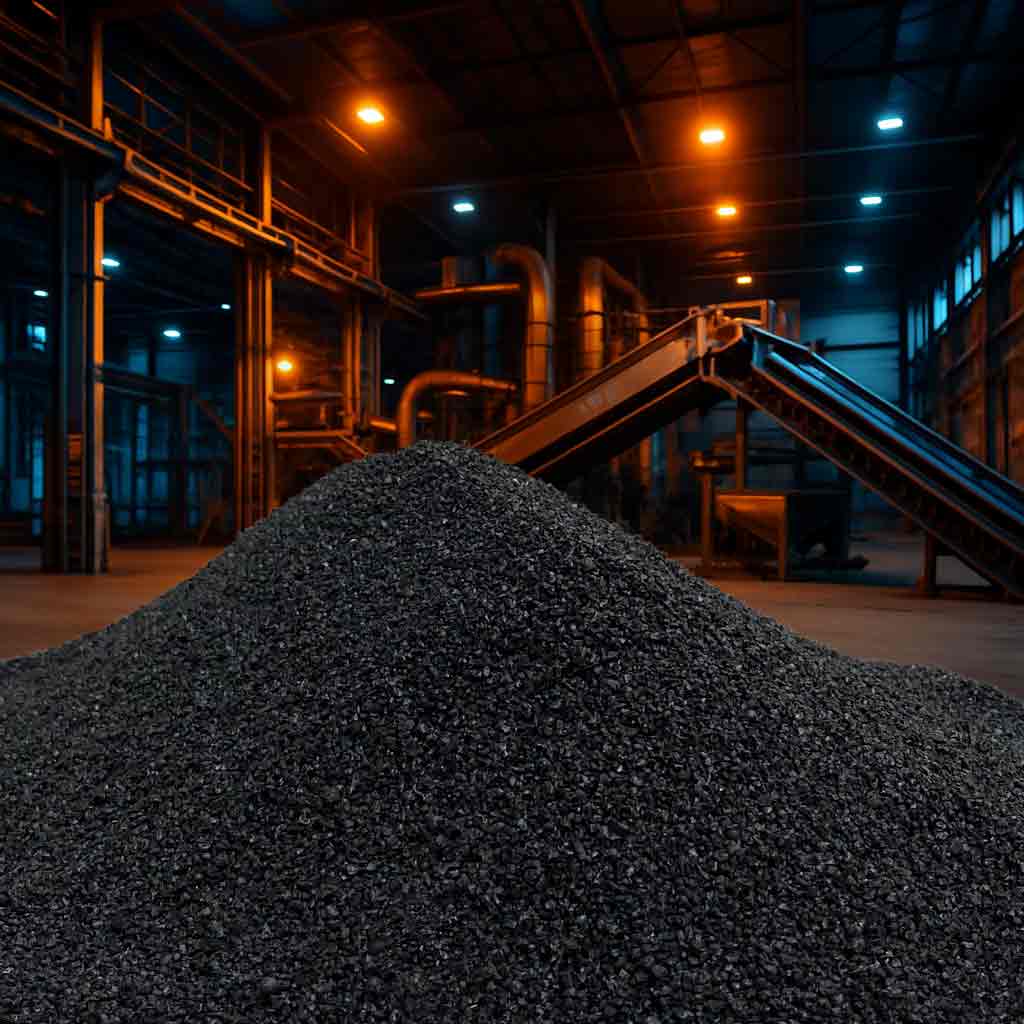 Endüstriyel kumlamada kullanılan zımpara kumu taneleri – keskin, köşeli, siyah renkli taneler.